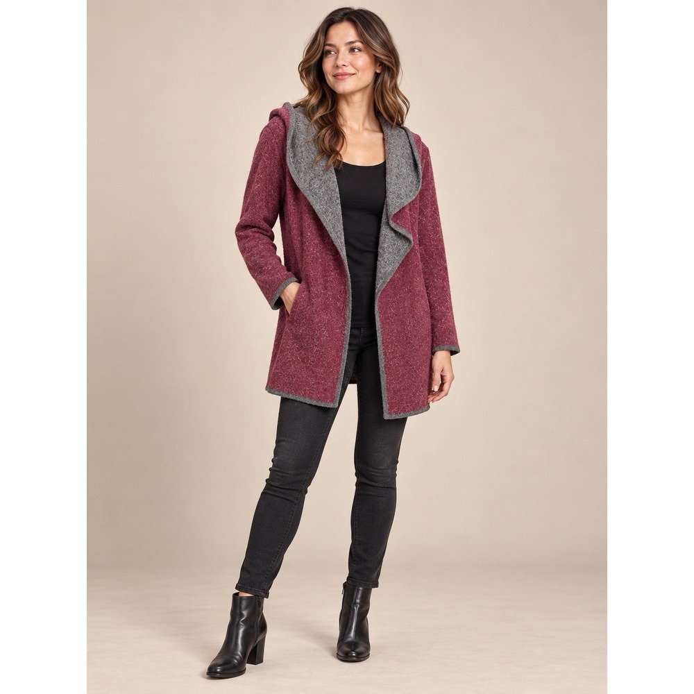 BNCI by Blanc Noir Women's M Burgundy Wool Blend Hooded Open Cardigan Jacket
